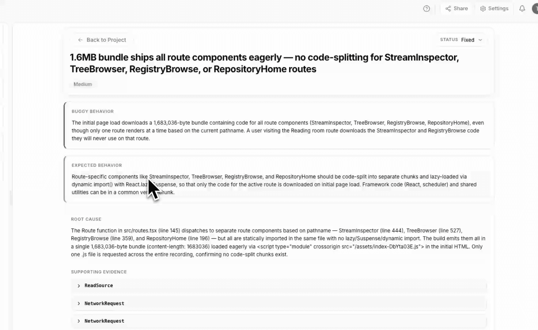Replay QA report showing a runtime bundle-loading issue, expected behavior, root cause, and supporting evidence