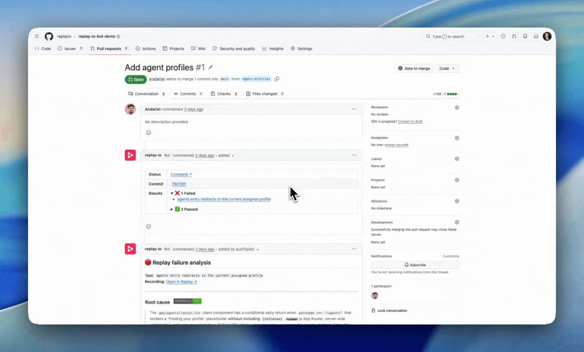 Replay CI Agent posting root cause analysis and suggested fix as a GitHub PR comment